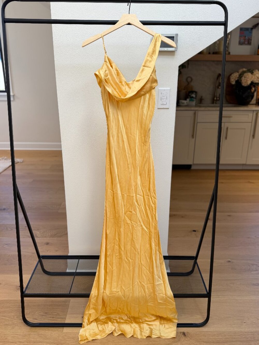 NWOT Reformation Ronda Silk Maxi Dress Yellow Asymmetric Cowl Neck Size 8